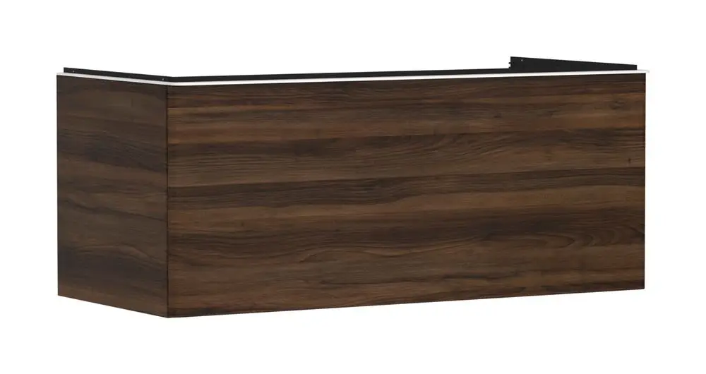 Waschtischunterschrank von Hansgrohe in dunklem Nussbaumholz, mit einem Schubkasten und Platz für einen Aufsatzwaschtisch. Holzoberfläche mit sichtbarer Maserung.